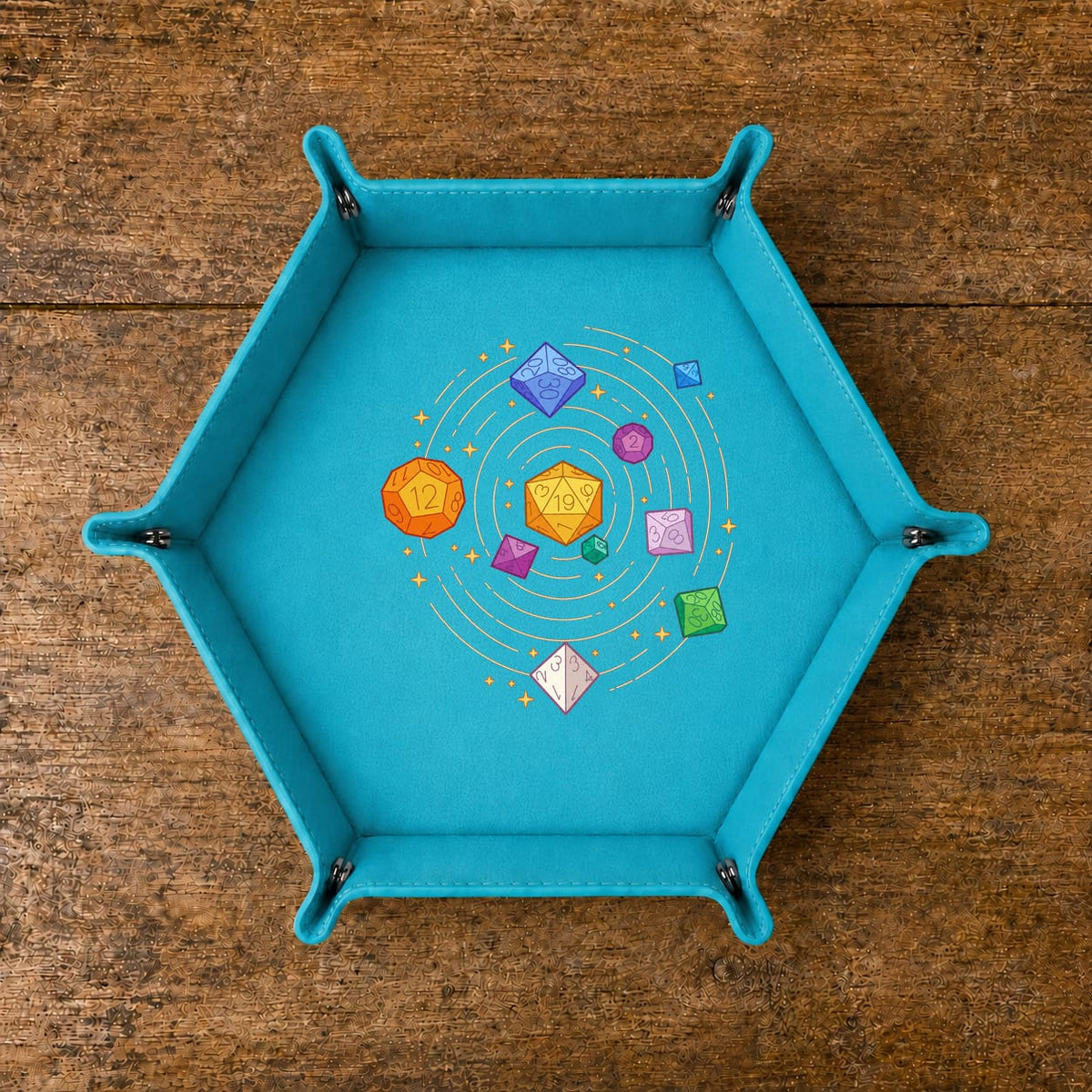 Cosmic Polyhedral Dice Orbit - DICE TRAY Cosmic Polyhedral Dice Orbit Dice Tray | Foldable PU Leather D&D Tray
