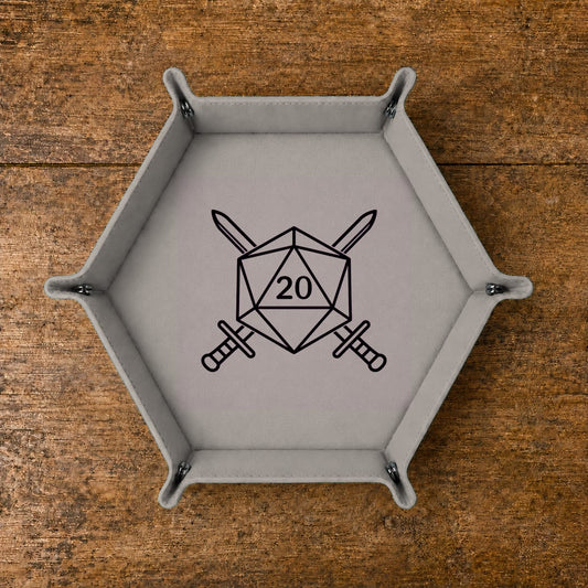 D20 Crossed Swords - DICE TRAY D20 Crossed Swords Dice Tray | Foldable PU Leather D&D Tray