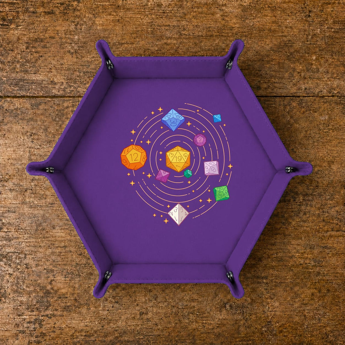 Cosmic Polyhedral Dice Orbit - DICE TRAY Cosmic Polyhedral Dice Orbit Dice Tray | Foldable PU Leather D&D Tray