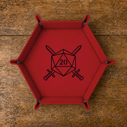 D20 Crossed Swords - DICE TRAY D20 Crossed Swords Dice Tray | Foldable PU Leather D&D Tray