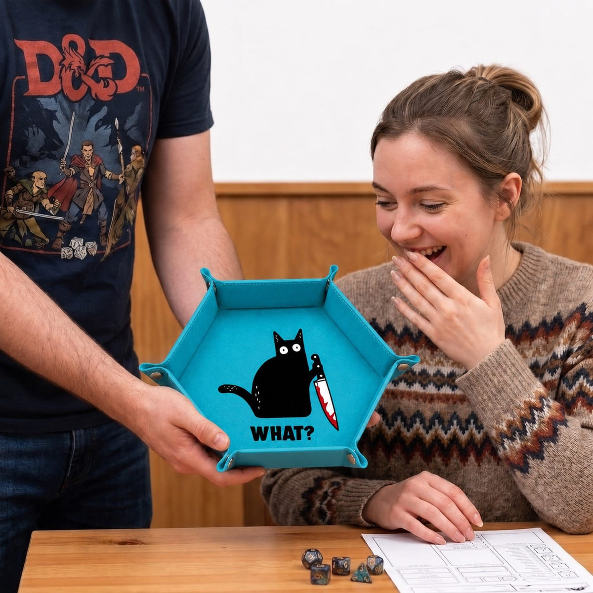 Funny Black Cat With Knife - DICE TRAY Funny Black Cat Dice Tray | Foldable PU Leather D&D Dice Tray