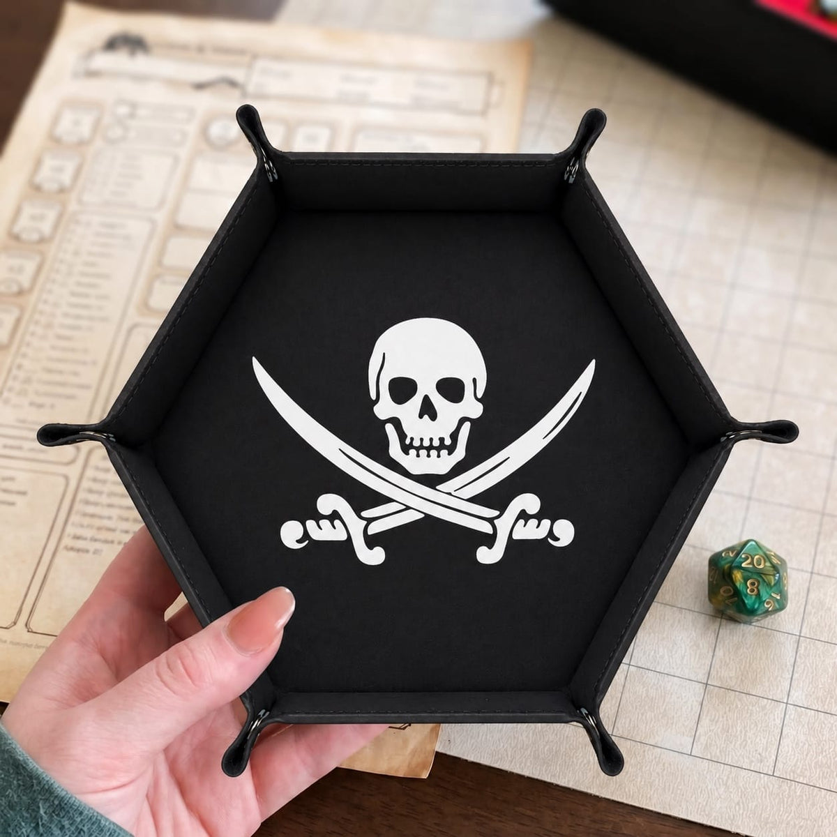 Pirate Skull And Cutlasses - DICE TRAY Pirate Skull Dice Tray | Foldable PU Leather D&D RPG Tray