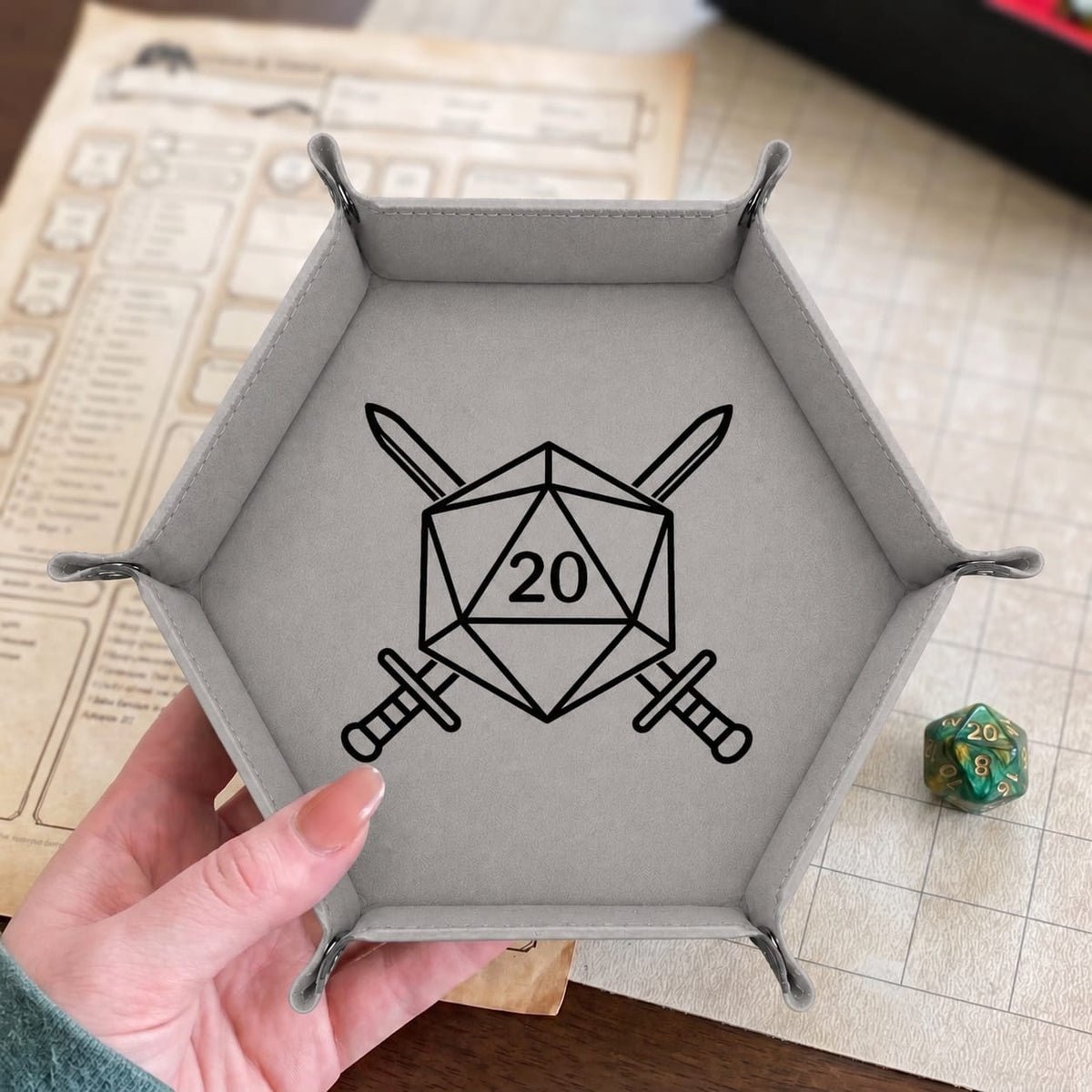 D20 Crossed Swords - DICE TRAY D20 Crossed Swords Dice Tray | Foldable PU Leather D&D Tray