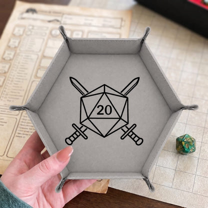 D20 Crossed Swords - DICE TRAY D20 Crossed Swords Dice Tray | Foldable PU Leather D&D Tray