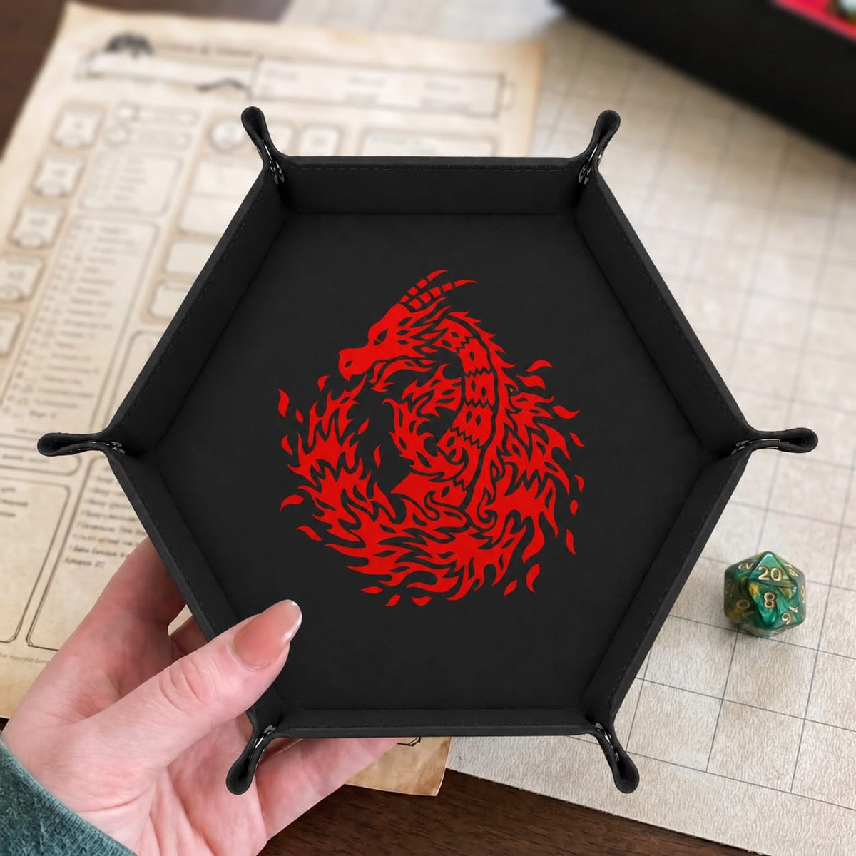 Flaming Tribal Dragon - DICE TRAY Flaming Tribal Dragon Dice Tray | Foldable PU Leather D&D Tray
