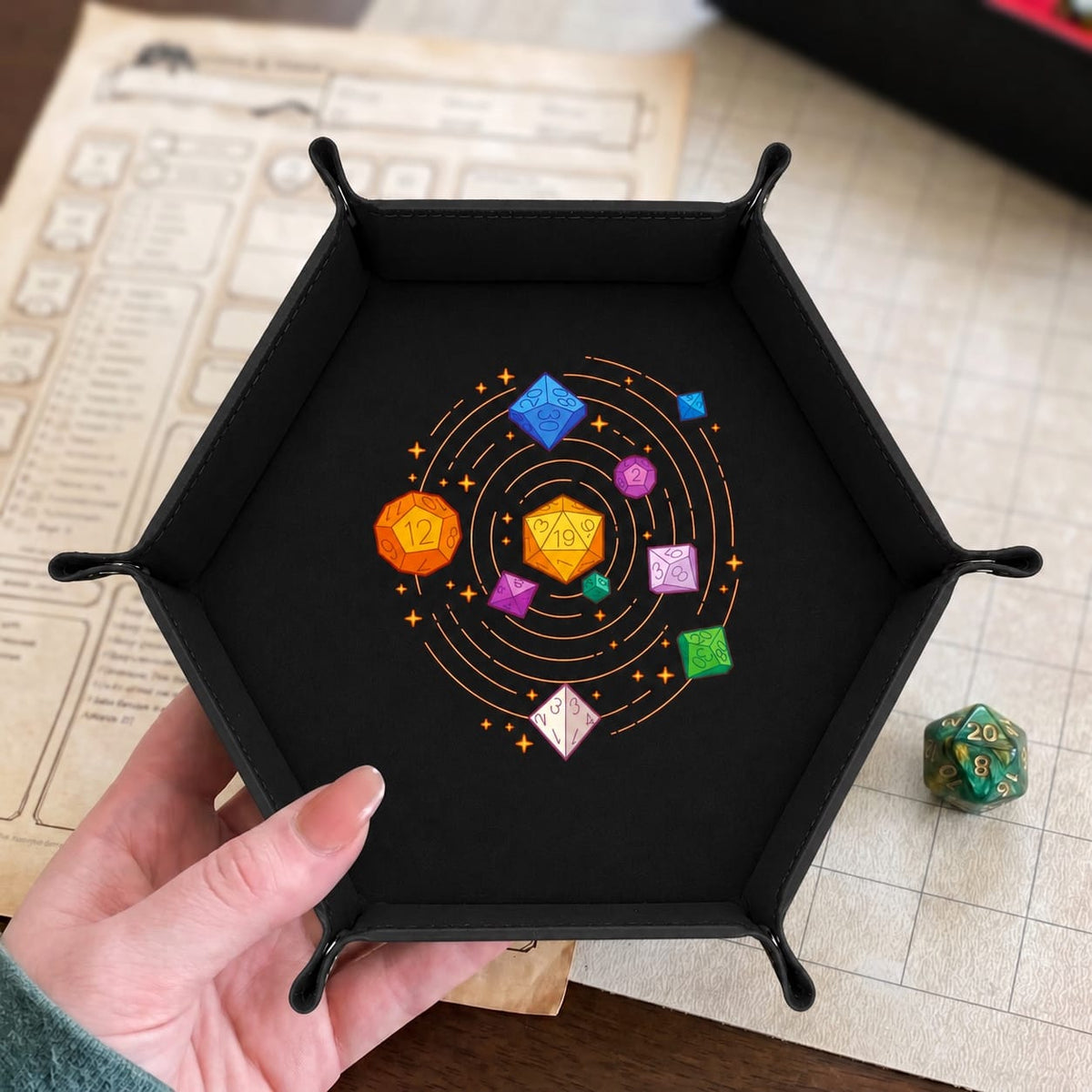 Cosmic Polyhedral Dice Orbit - DICE TRAY Cosmic Polyhedral Dice Orbit Dice Tray | Foldable PU Leather D&D Tray