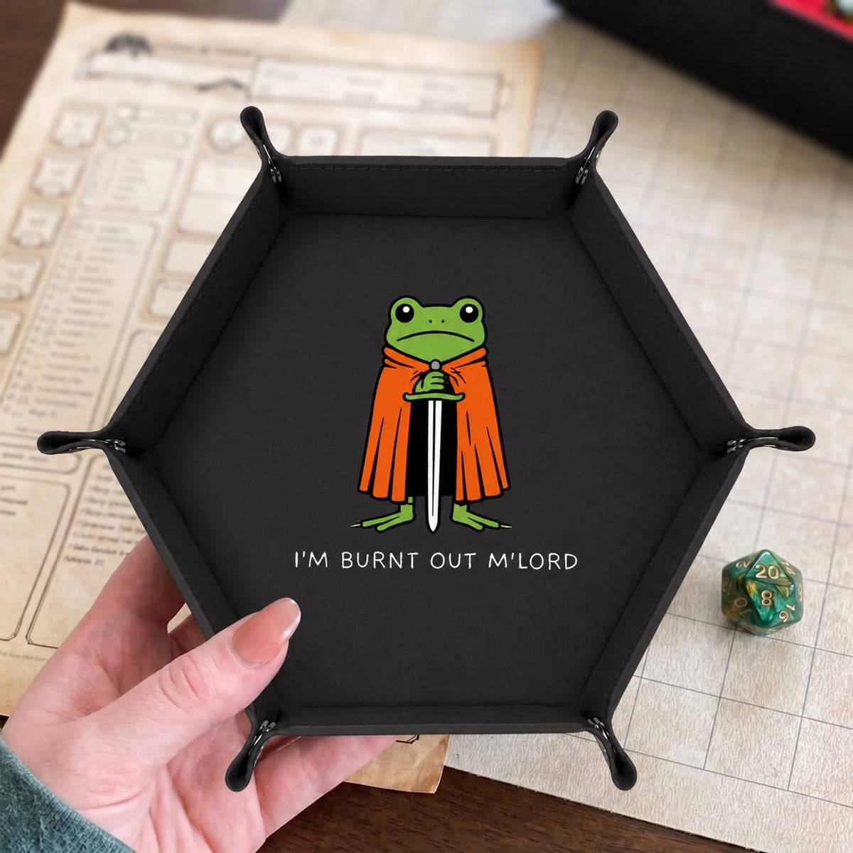 Burnt Out Frog Knight - DICE TRAY Burnt Out Frog Knight Dice Tray | Foldable PU Leather D&D Tray