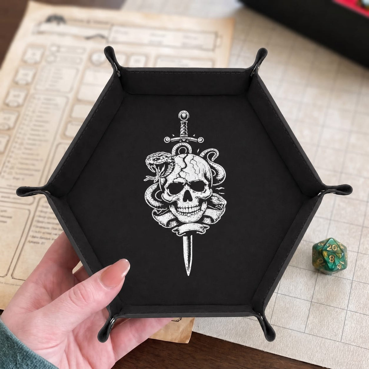 Skull Dagger And Snake - DICE TRAY Skull Dagger And Snake Dice Tray | Foldable PU Leather D&D Tray
