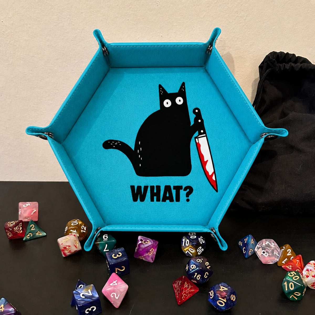 Funny Black Cat With Knife - DICE TRAY Funny Black Cat Dice Tray | Foldable PU Leather D&D Dice Tray