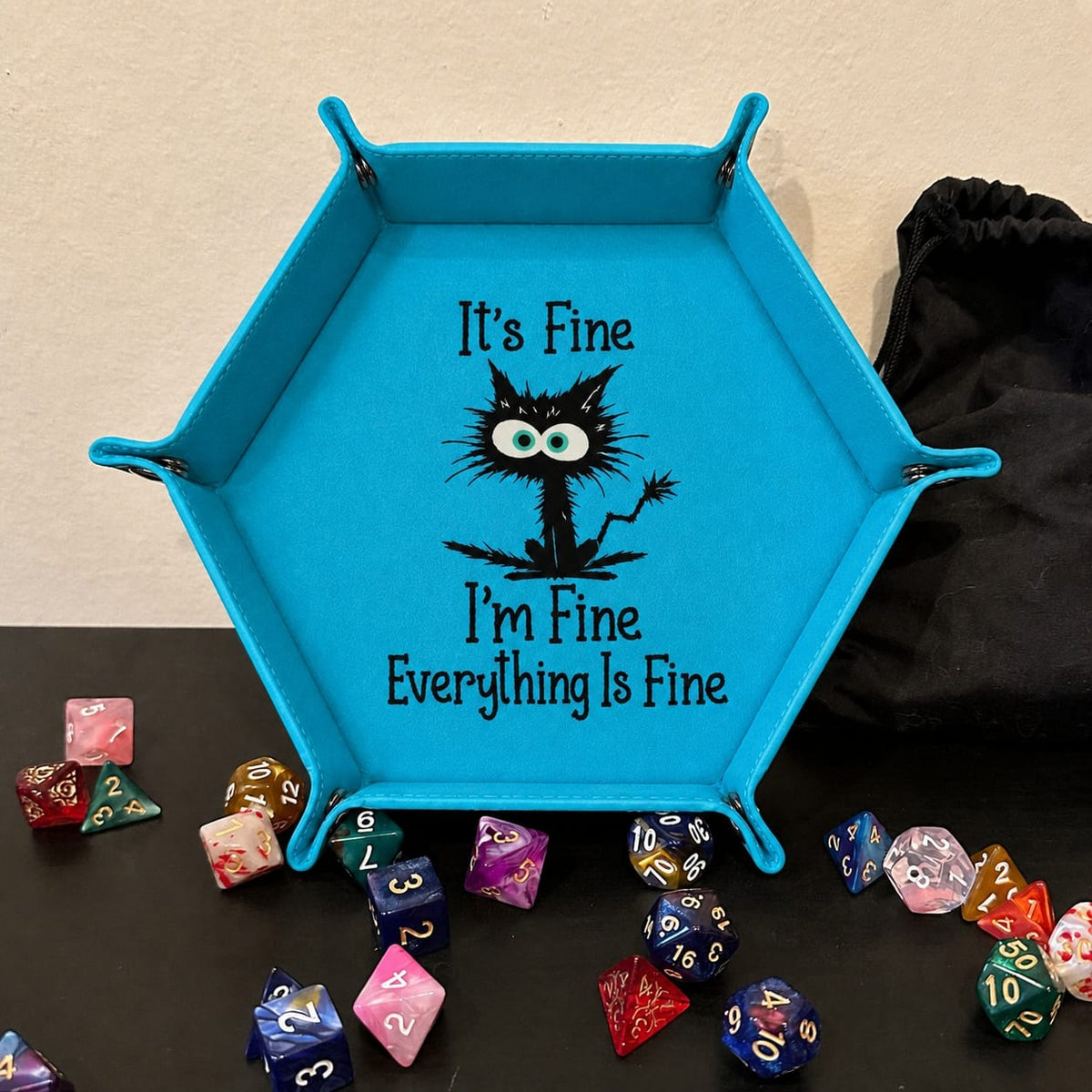 Everything Is Fine Black Cat - DICE TRAY Everything Is Fine Cat Dice Tray | Foldable PU Leather D&D Tray