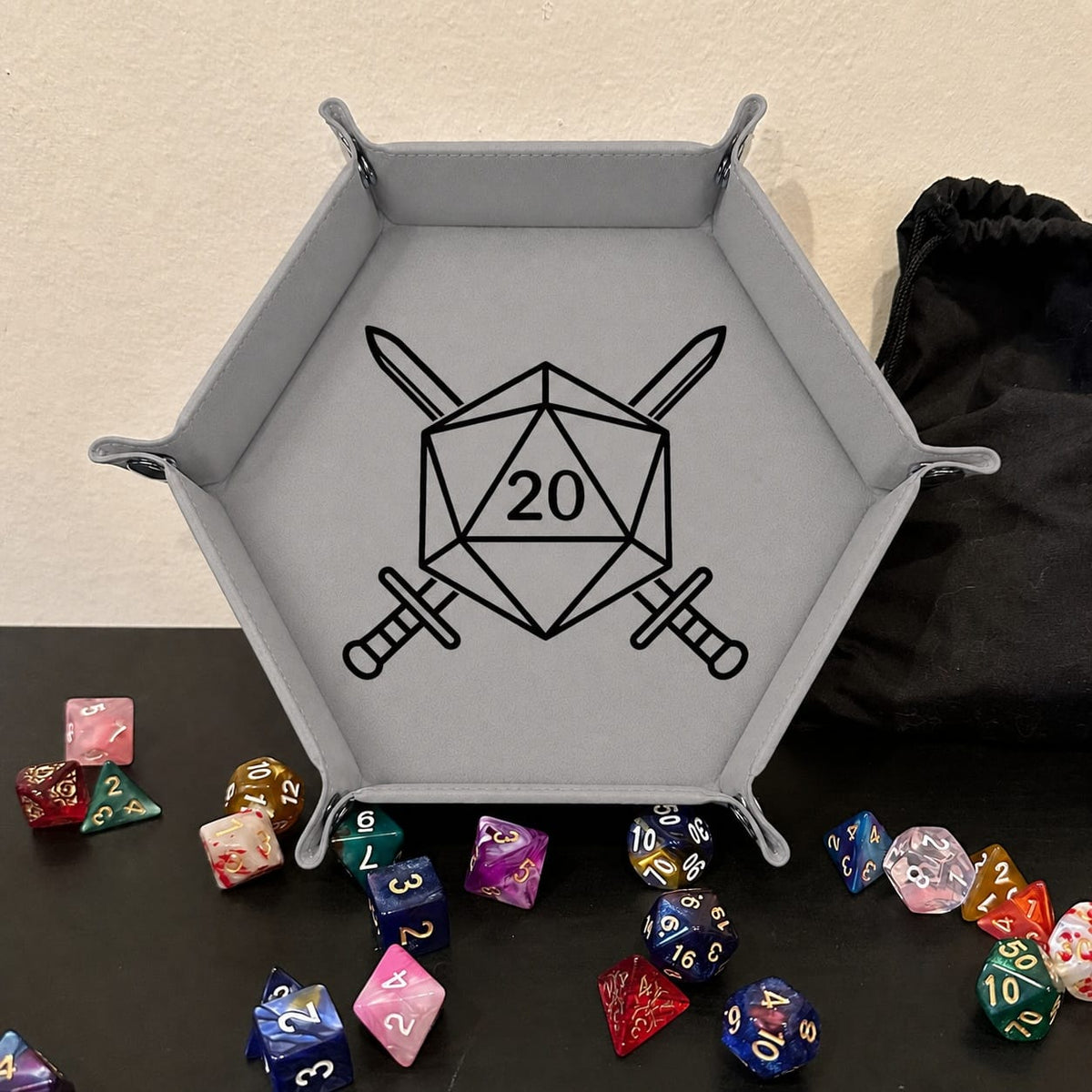 D20 Crossed Swords - DICE TRAY D20 Crossed Swords Dice Tray | Foldable PU Leather D&D Tray