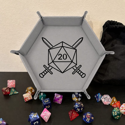 D20 Crossed Swords - DICE TRAY D20 Crossed Swords Dice Tray | Foldable PU Leather D&D Tray