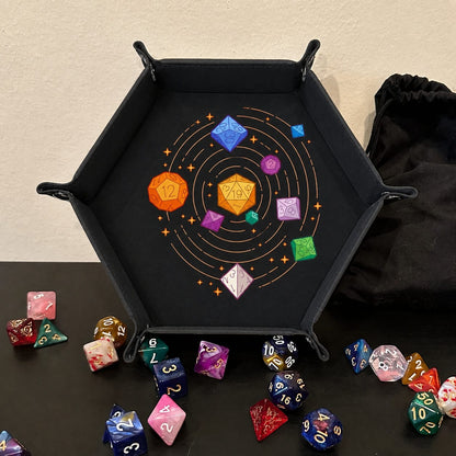 Cosmic Polyhedral Dice Orbit - DICE TRAY Cosmic Polyhedral Dice Orbit Dice Tray | Foldable PU Leather D&D Tray