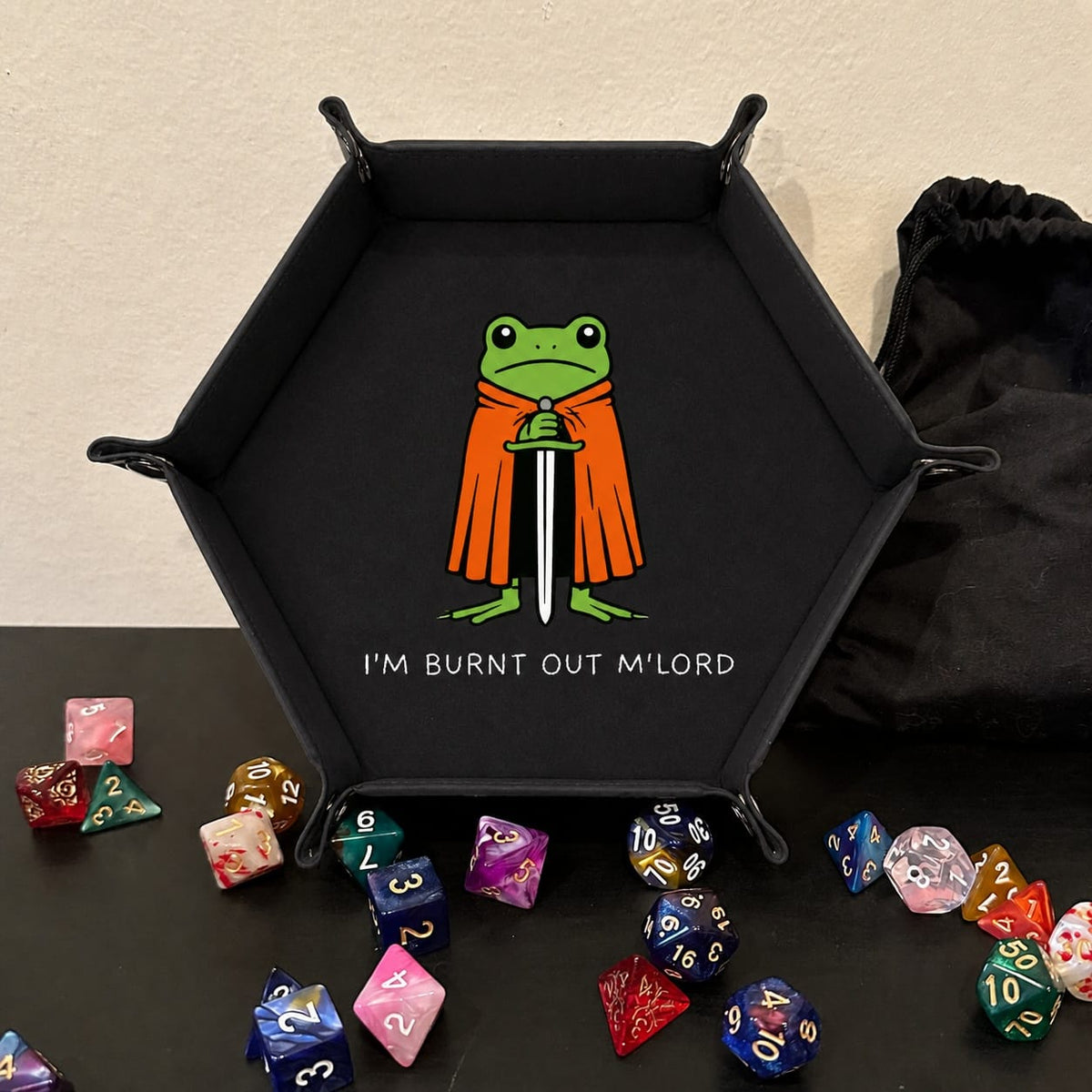 Burnt Out Frog Knight - DICE TRAY Burnt Out Frog Knight Dice Tray | Foldable PU Leather D&D Tray