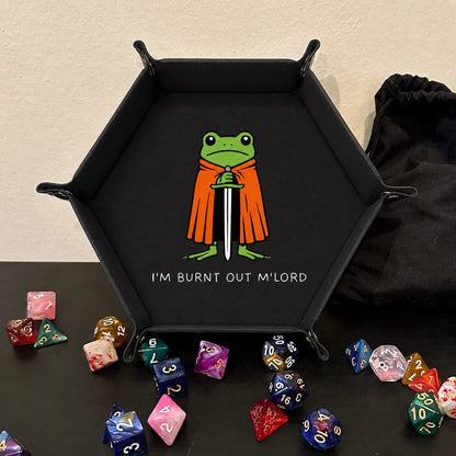 Burnt Out Frog Knight - DICE TRAY Burnt Out Frog Knight Dice Tray | Foldable PU Leather D&D Tray