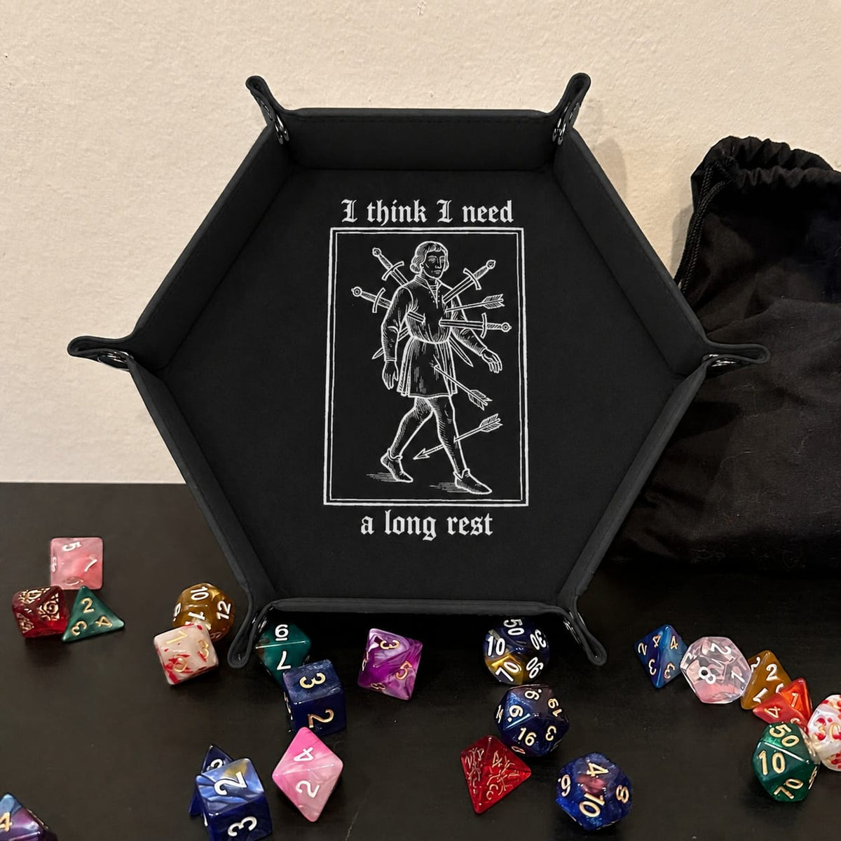 I Need A Long Rest - DICE TRAY I Need A Long Rest Dice Tray | Foldable PU Leather D&D Tray