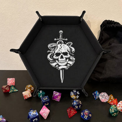 Skull Dagger And Snake - DICE TRAY Skull Dagger And Snake Dice Tray | Foldable PU Leather D&D Tray
