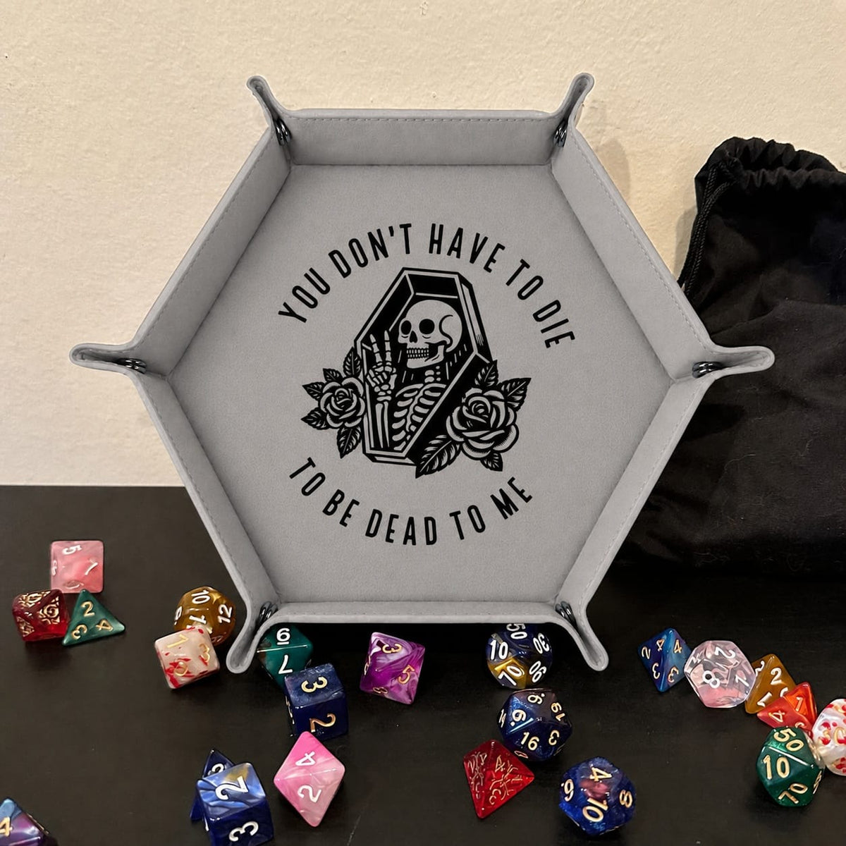 Dead To Me Skeleton Coffin - DICE TRAY Dead To Me Skeleton Coffin Dice Tray | Foldable PU Leather D&D Tray