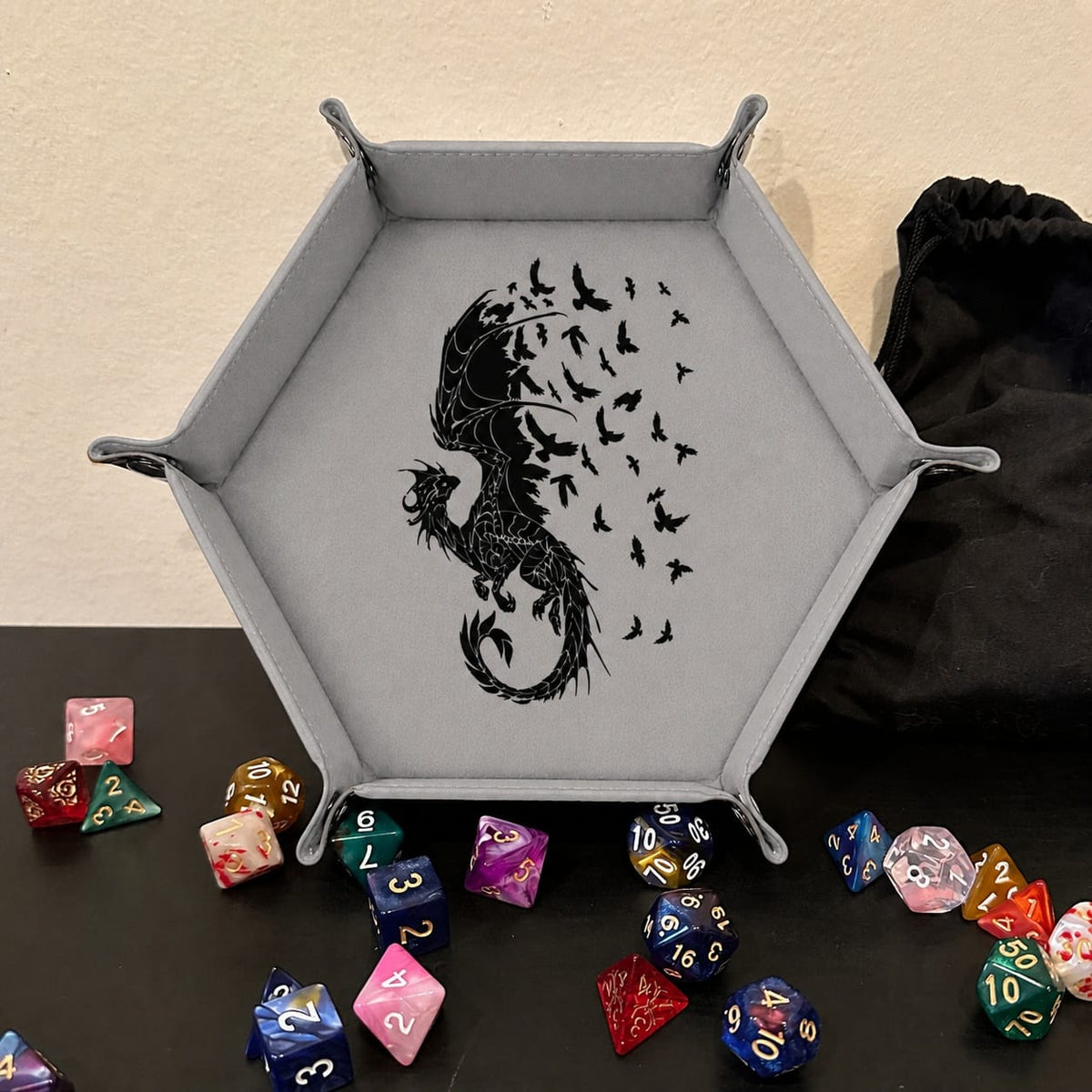 Dragon Into Flying Birds - DICE TRAY Dragon Into Flying Birds Dice Tray | Foldable PU Leather D&D Tray