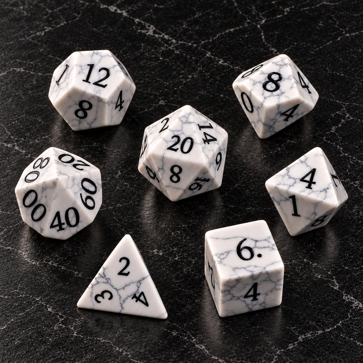 Winterweb Relic - seven-piece dice set flat lay on black marble