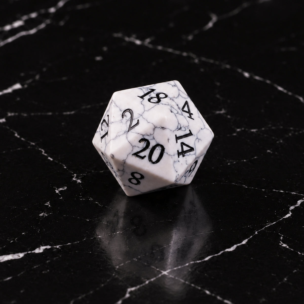 Winterweb Relic - D20 gemstone die on black marble
