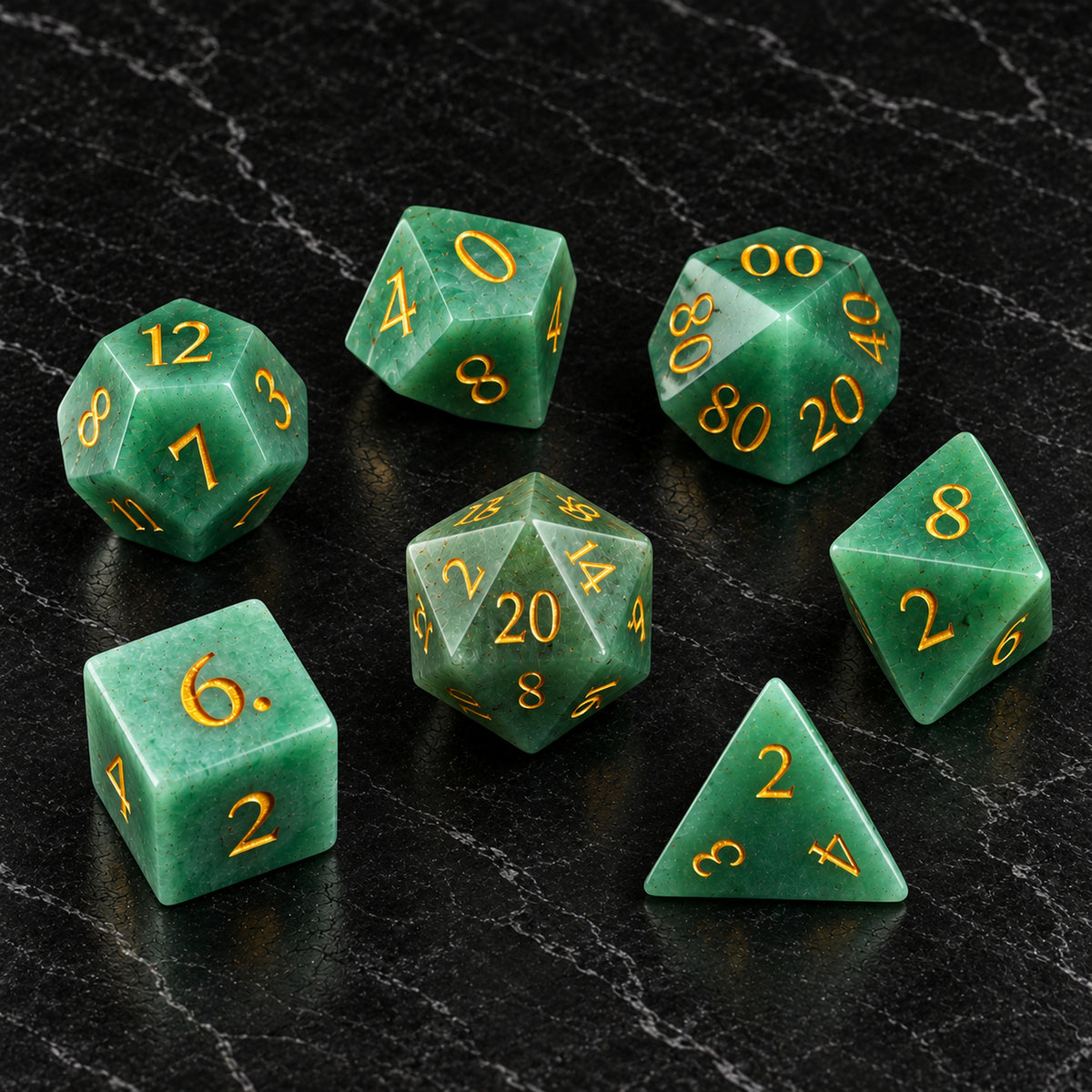 Mintlight Seer - seven-piece dice set flat lay on black marble