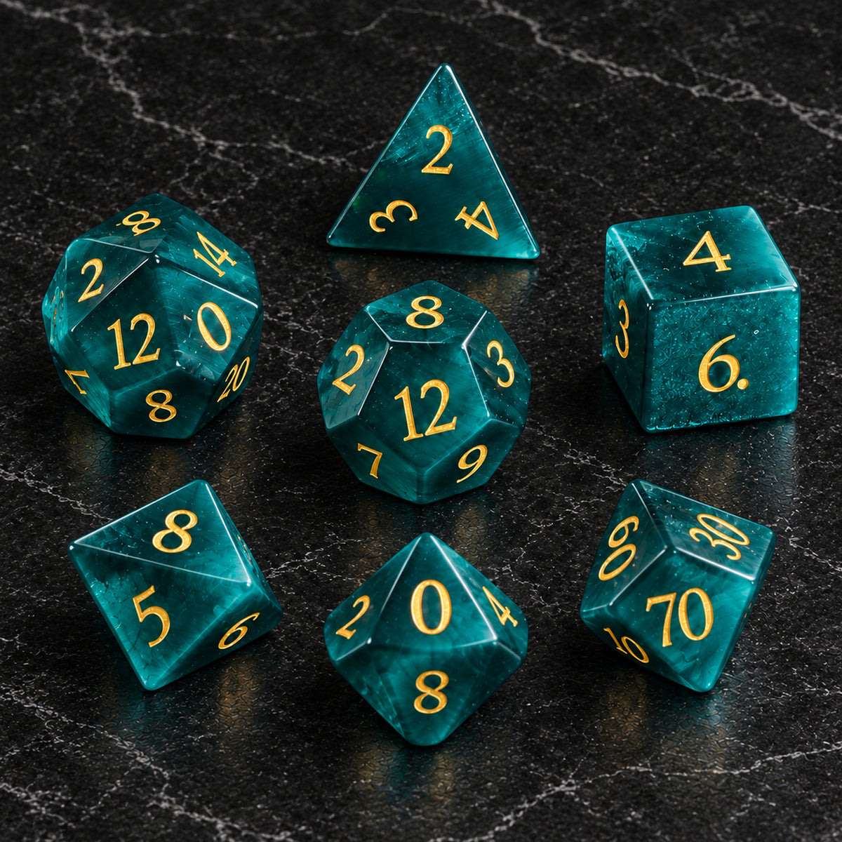 Heart of the Wildwood - seven-piece dice set flat lay on black marble
