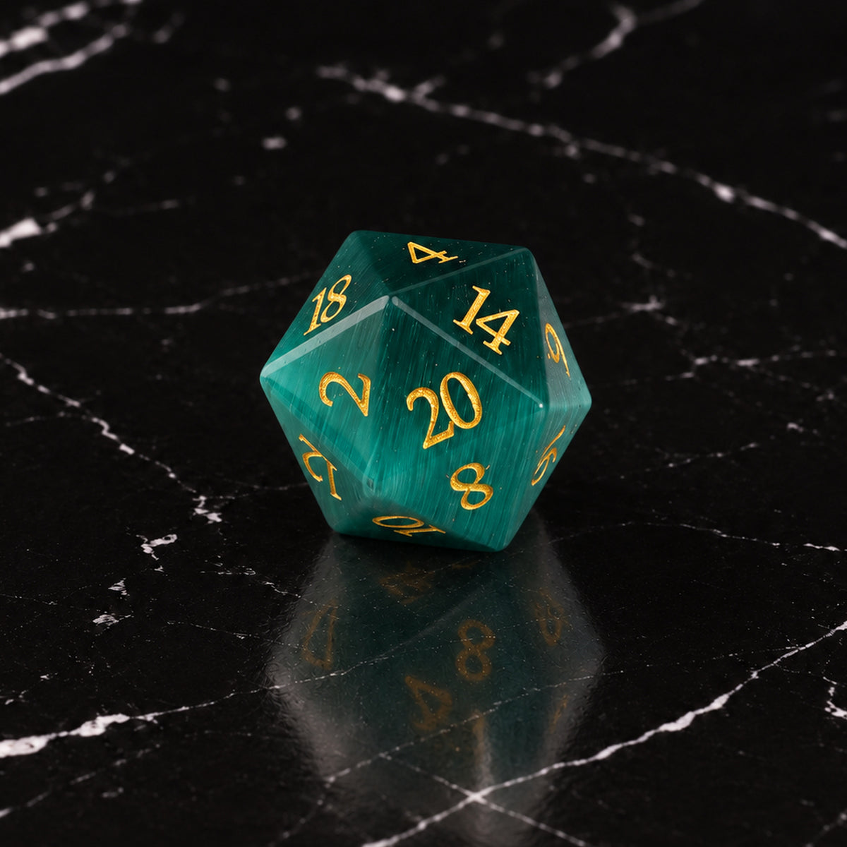 Heart of the Wildwood - D20 gemstone die on black marble