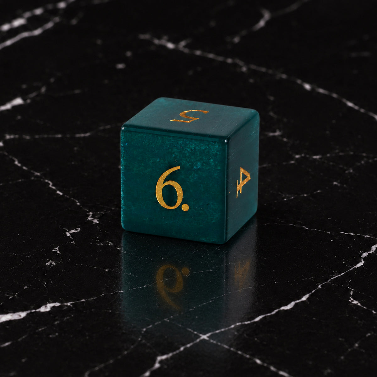 Heart of the Wildwood - D6 gemstone die on black marble