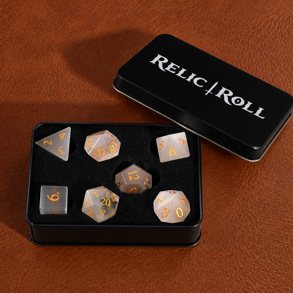 Frostbound Oracle white cat's eye dice with Relic Roll case