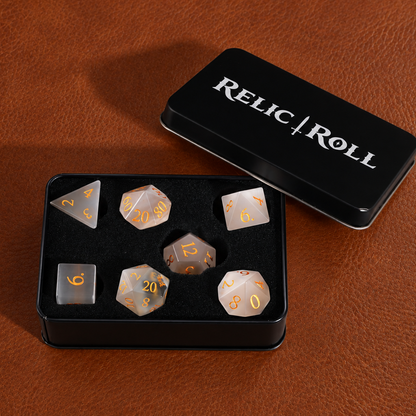 Frostbound Oracle white cat's eye dice with Relic Roll case