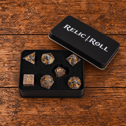 Cinder Mosaic gemstone dice set with Relic Roll case