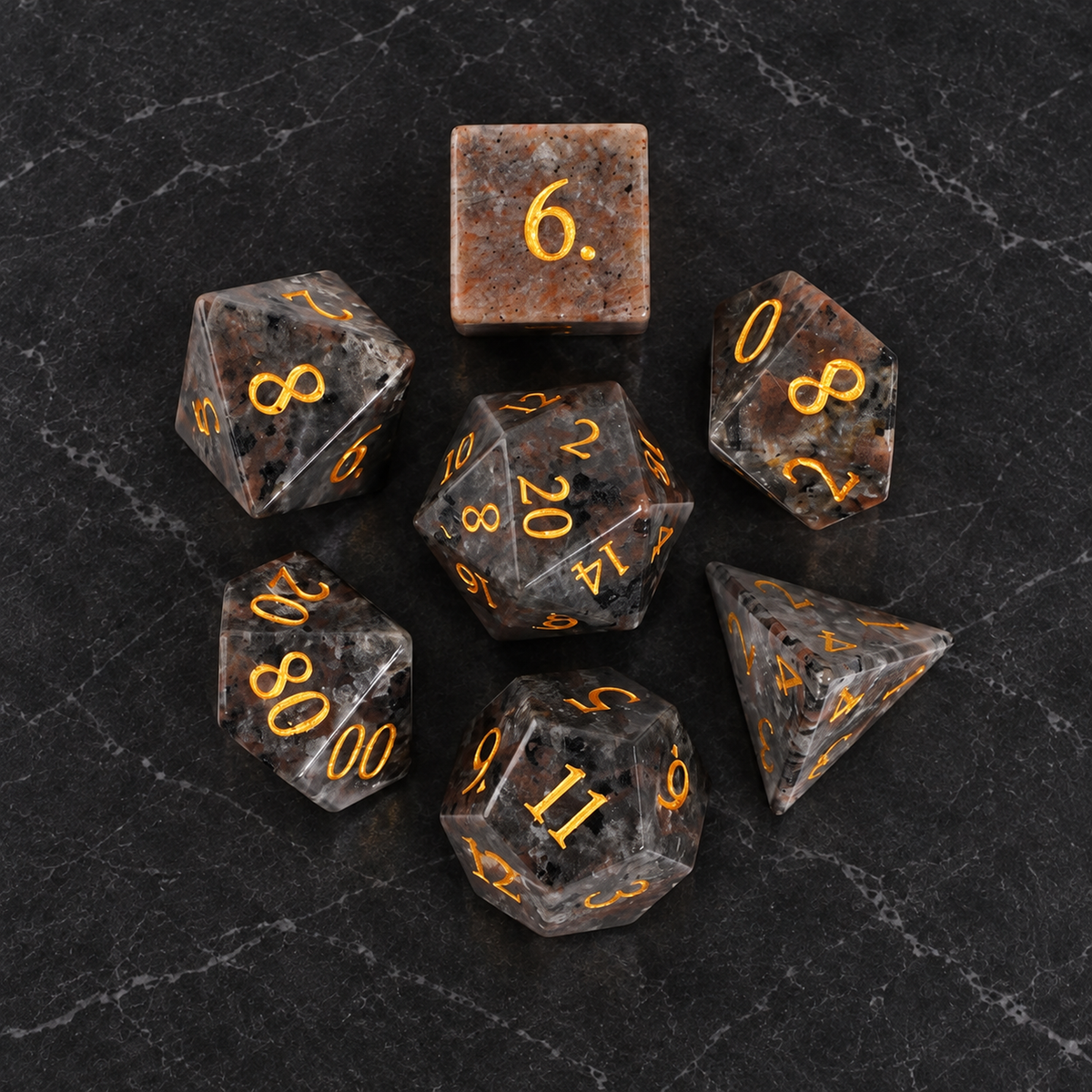 Cinder Mosaic seven-piece dice set overhead view