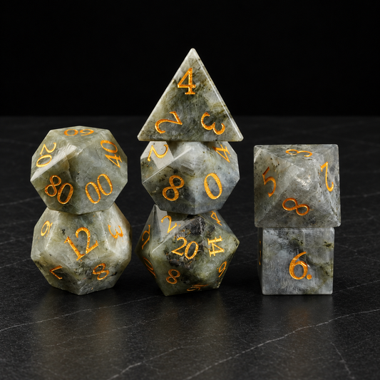 Mistbound Grove White Labradorite gemstone DnD dice set - image 1