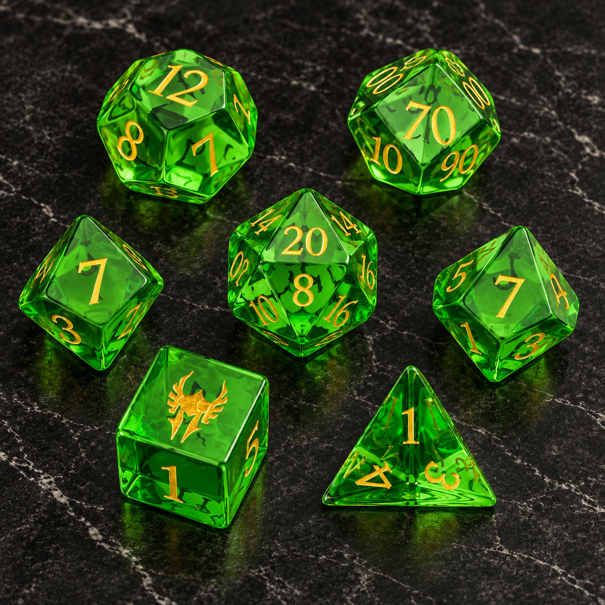 Verdant Gate flatlay - Green Glass DnD dice set
