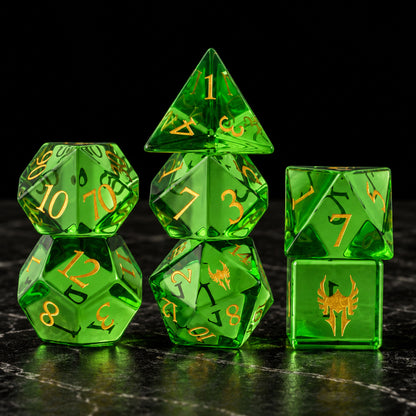 Verdant Gate main - Green Glass DnD dice set