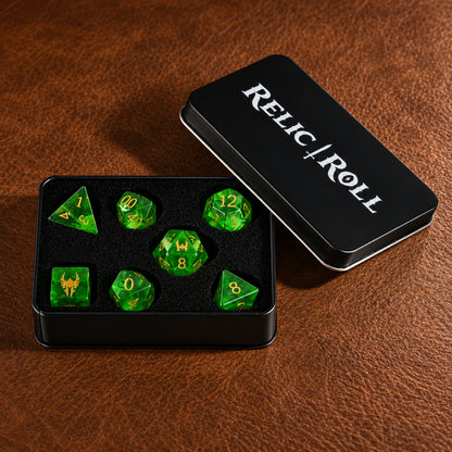 Verdant Gate packaging - Green Glass DnD dice set