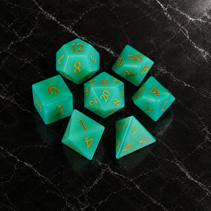Viridian Opal - Green Opalite Gemstone Dice Set - overhead set