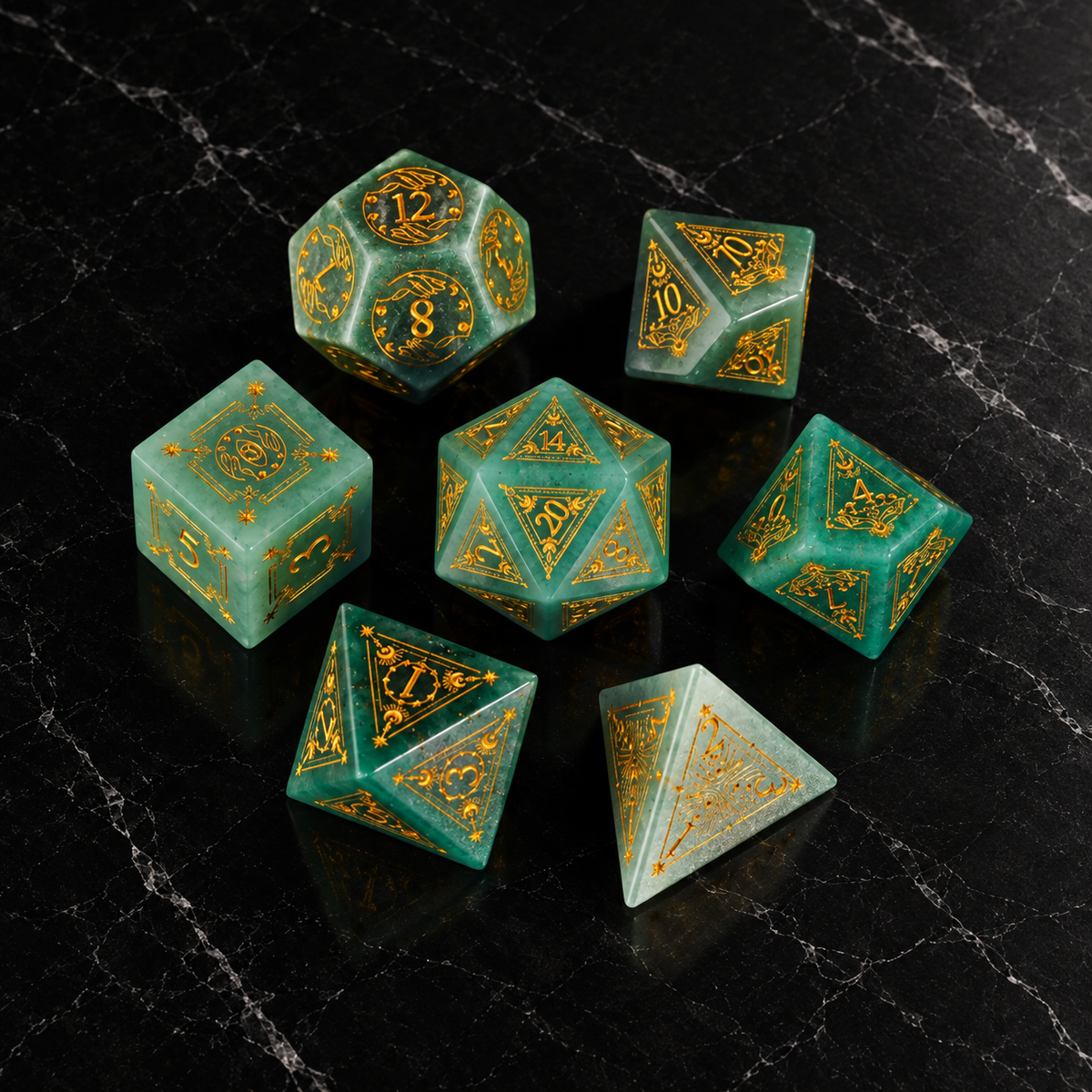 Emerald Sigil - Green Aventurine Gemstone Dice Set - overhead set