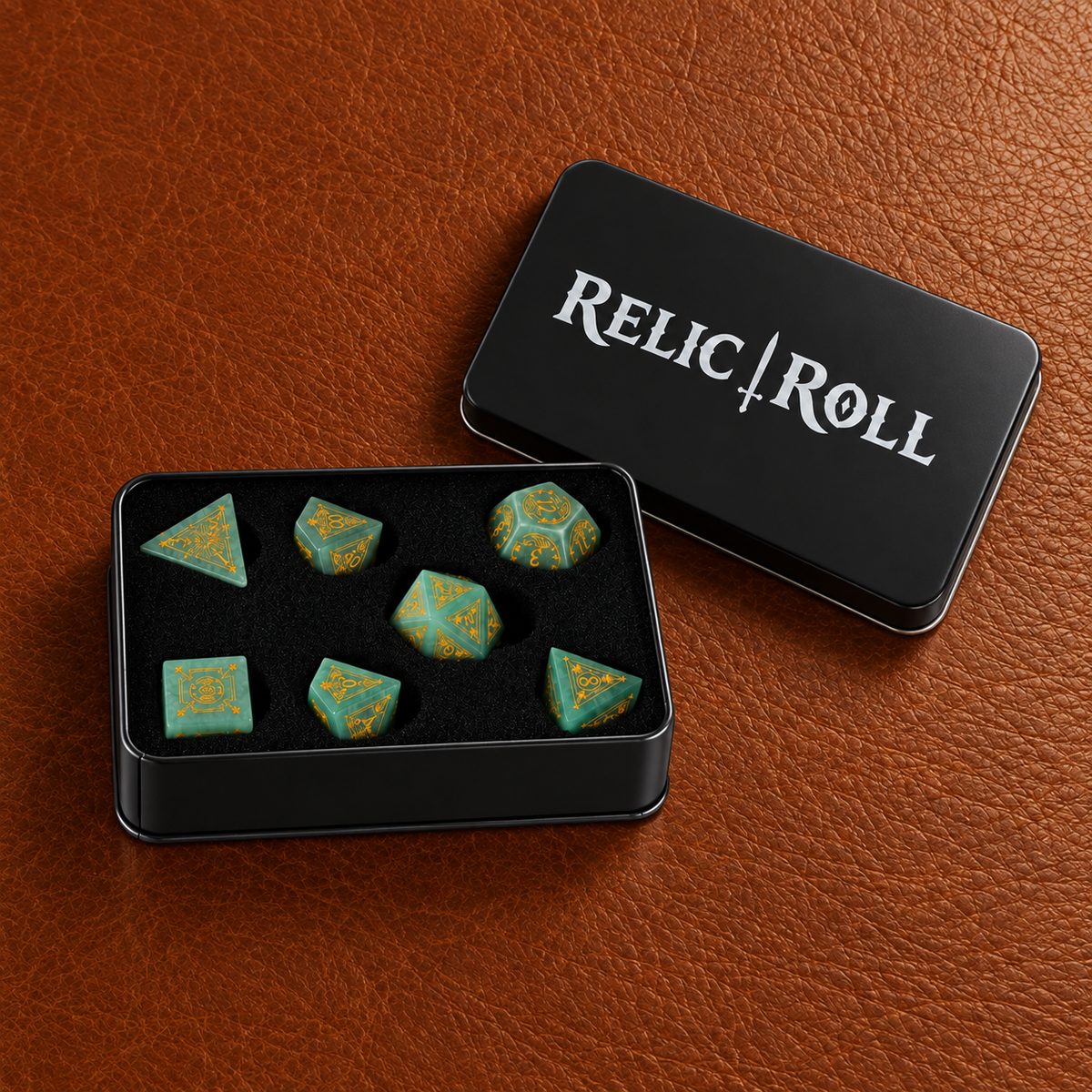 Emerald Sigil - Green Aventurine Gemstone Dice Set - packaging