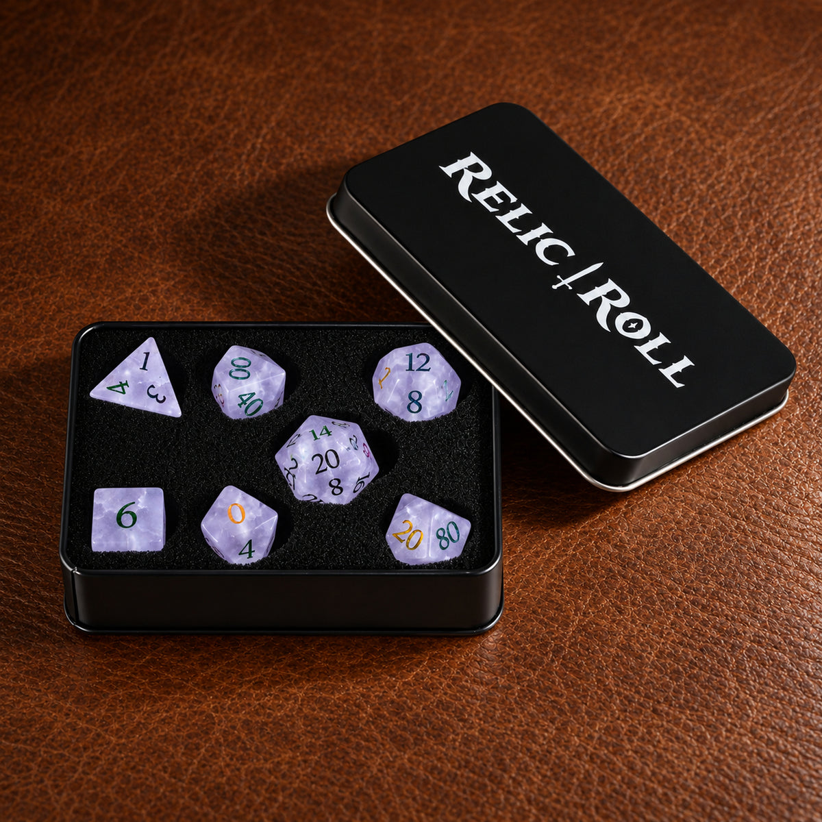 Violet Stormglass - Relic Roll presentation box with dice set