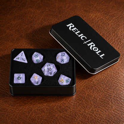 Violet Stormglass - Relic Roll presentation box with dice set