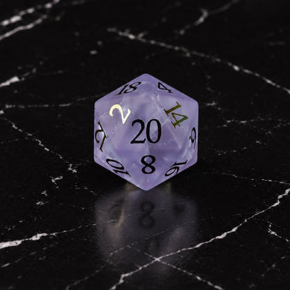 Violet Stormglass - D20 gemstone die on black marble