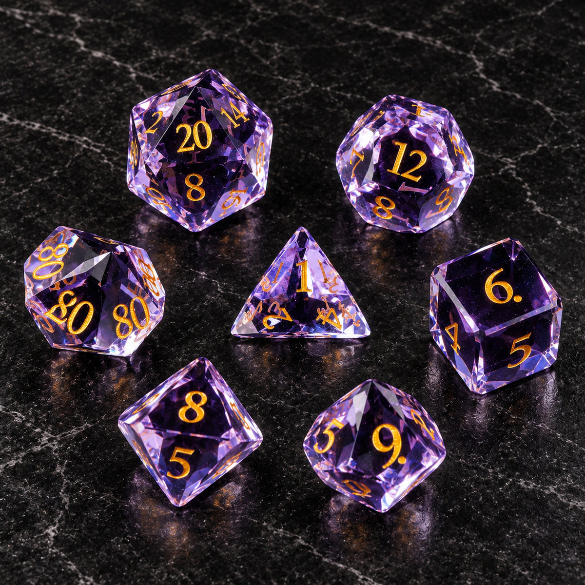 Violet Starvault flatlay - Light Purple Gemstone DnD dice set