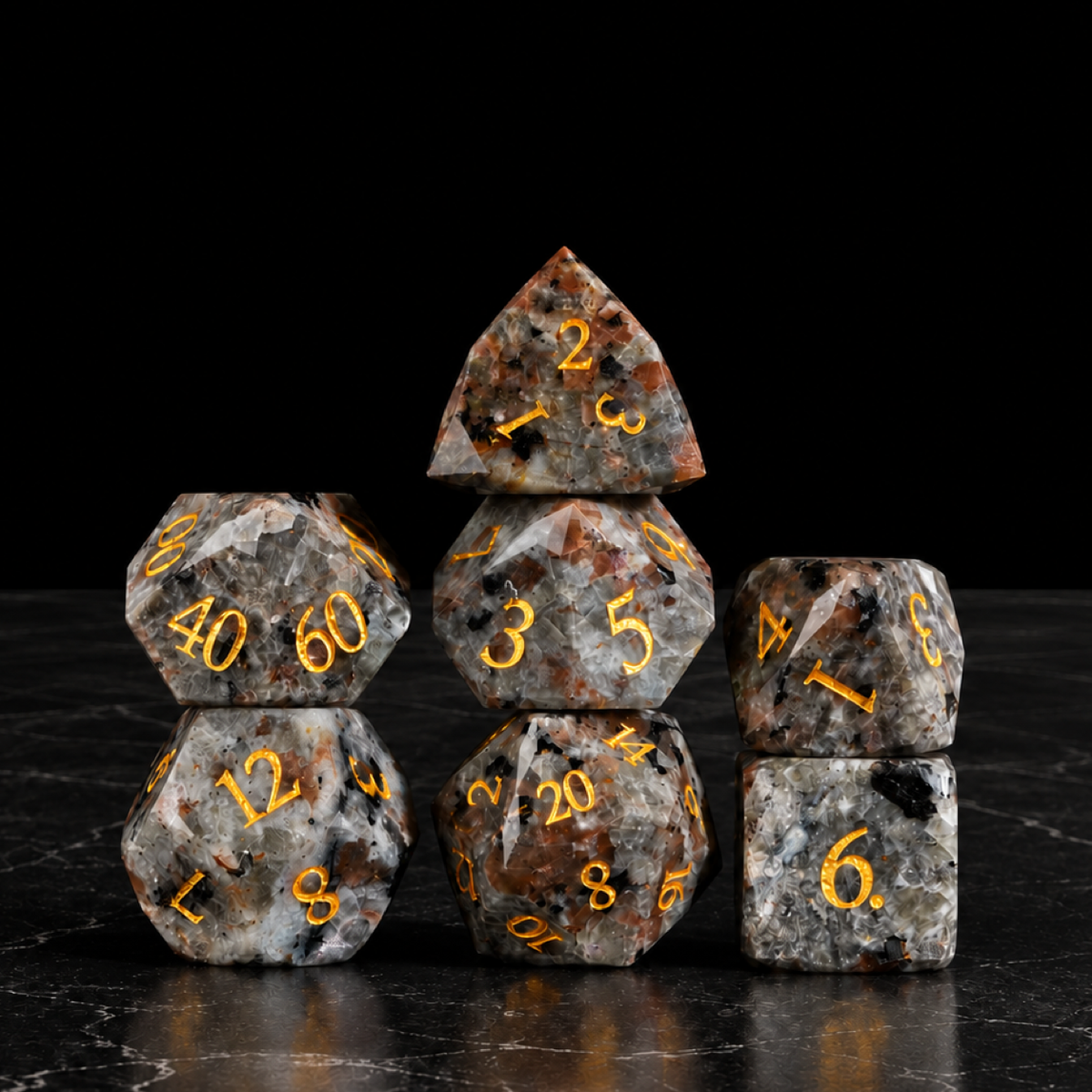 Emberstone Prism - Faceted Flame Stone Dice Set - standing set