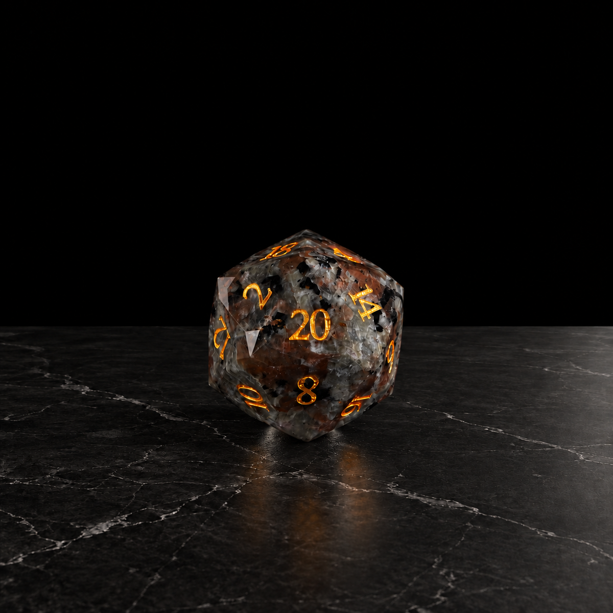 Emberstone Prism - Faceted Flame Stone Dice Set - D20 detail