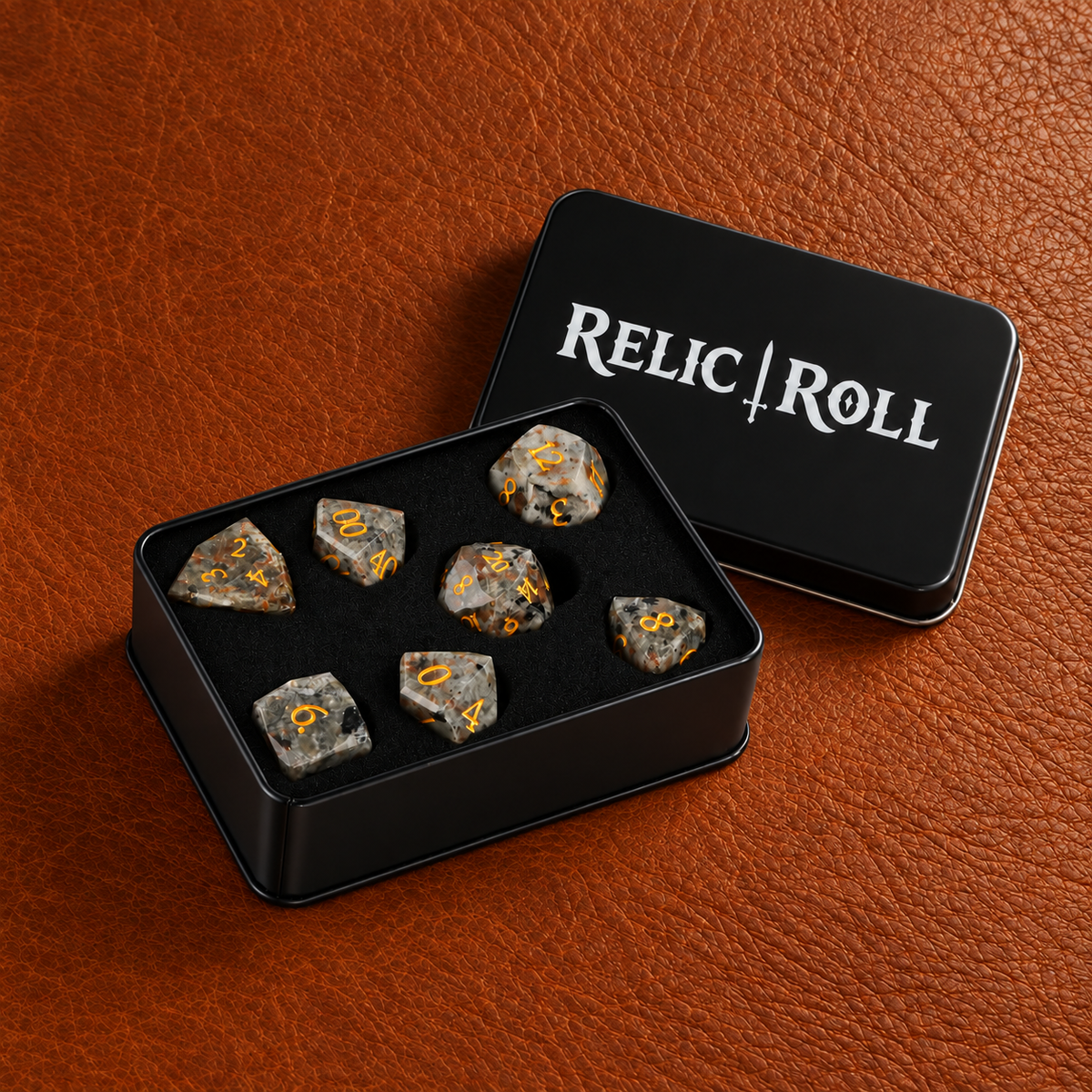 Emberstone Prism - Faceted Flame Stone Dice Set - packaging