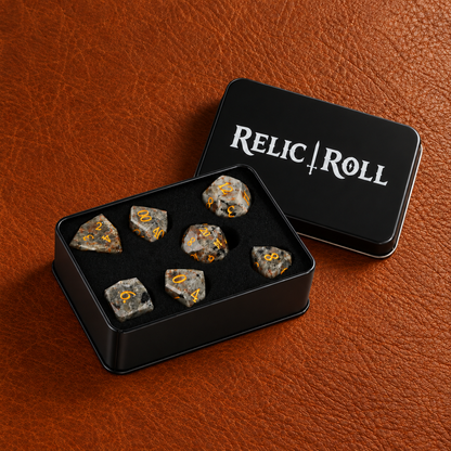 Emberstone Prism - Faceted Flame Stone Dice Set - packaging