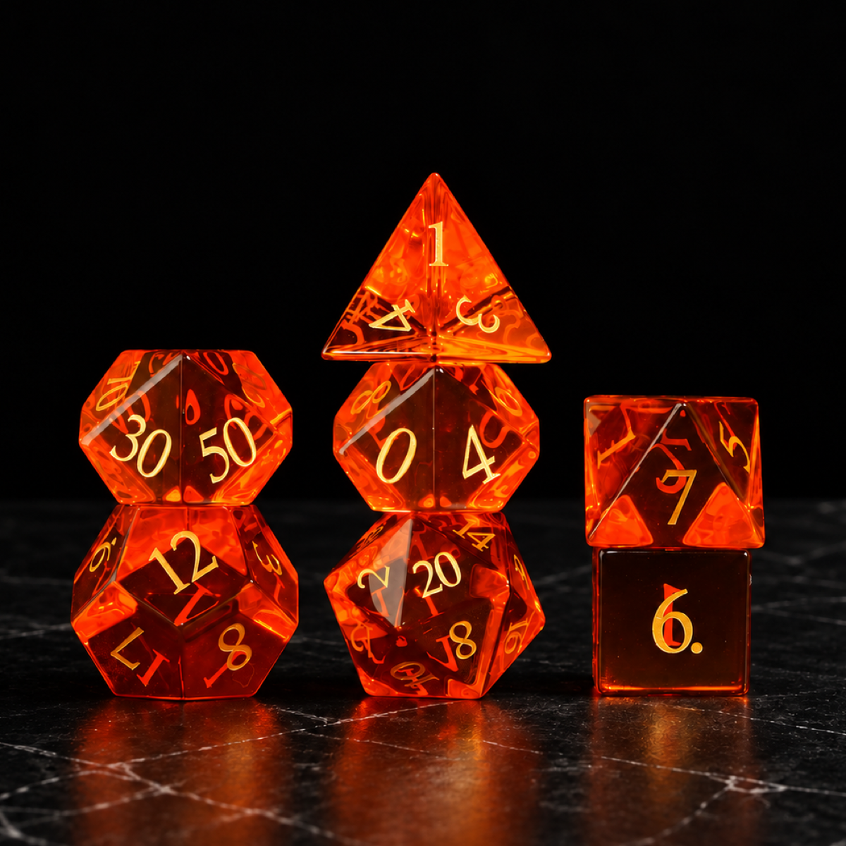 Solar Ember - Orange Crystal Gemstone Dice Set - standing set