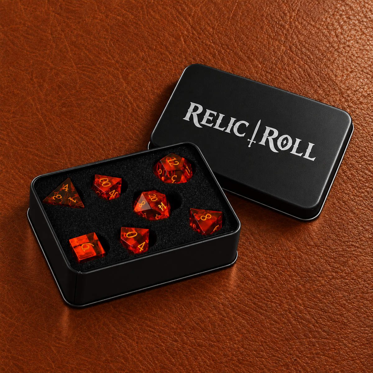 Solar Ember - Orange Crystal Gemstone Dice Set - packaging